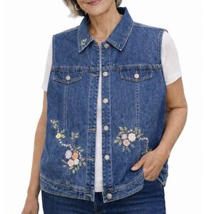 Susan Bristol Vintage Blue Denim Floral Embroidered Crochet Button Up Vest 3X